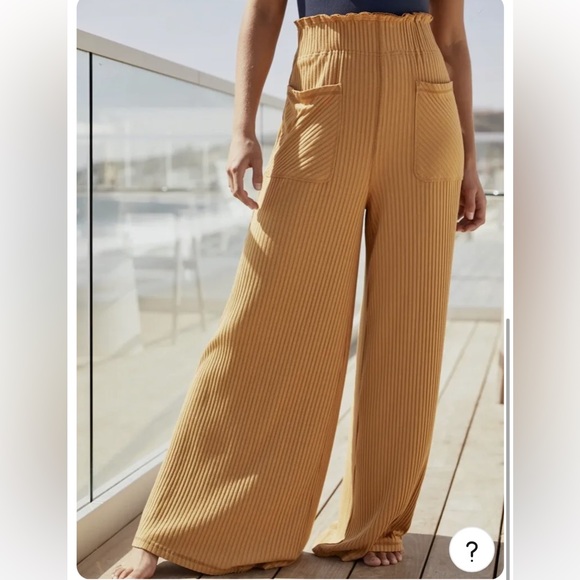 Free People Orange Ribbed Wide Leg Ruffle Waist Pants - Picture 3 of 6